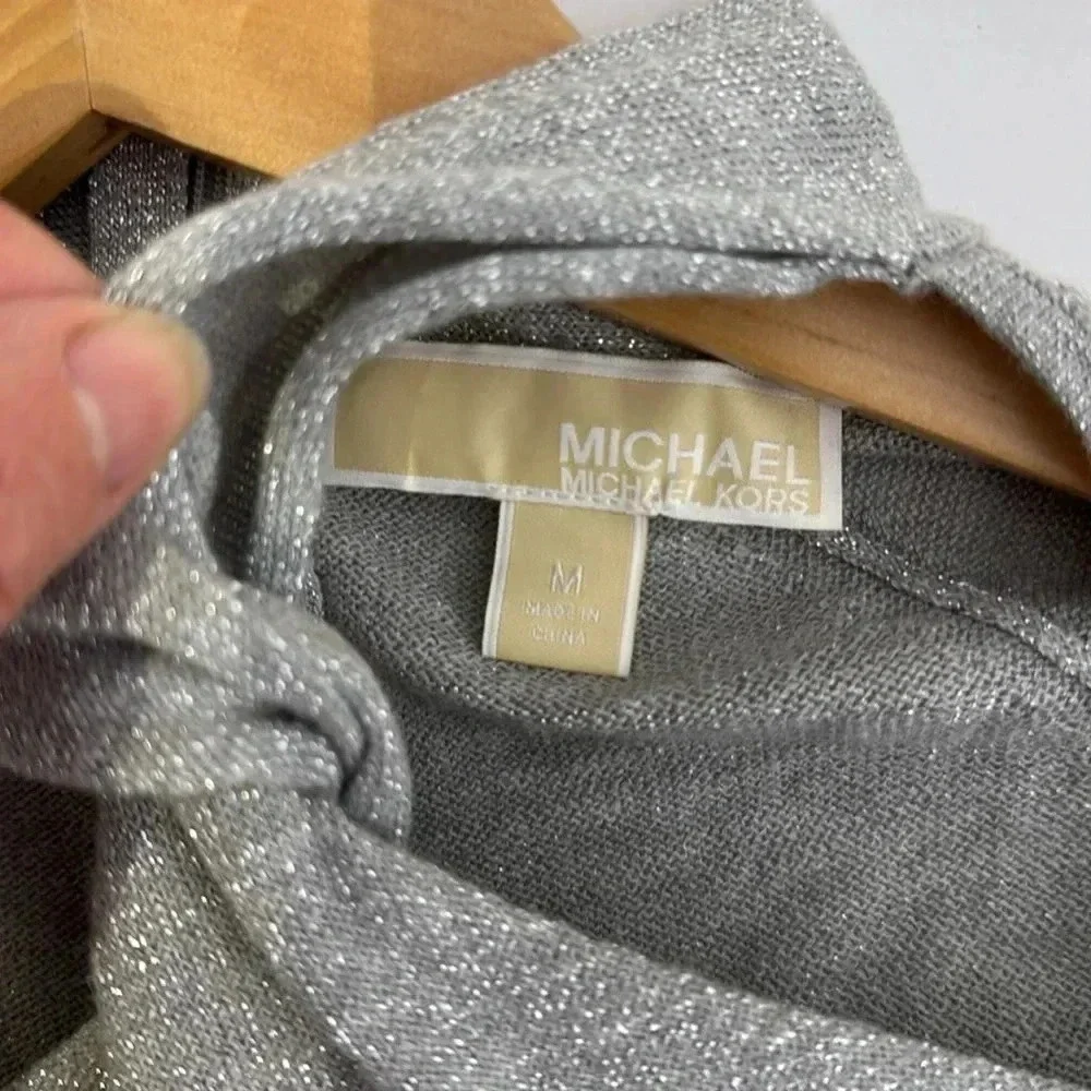 Michael Kori Metallic Twist Neck Sweater Gray Dress size Medium NWT